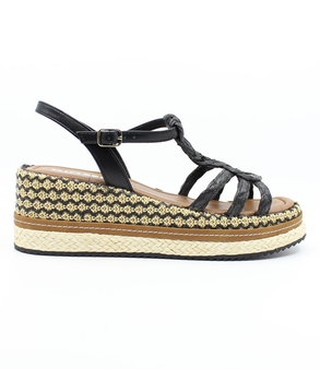 Black women's raffia platform sandal with braided straps, woven midsole and adjustable ankle strap.