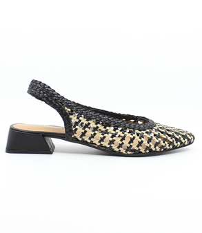 Black women's woven leather slingback shoe with pointed toe, low block heel and cushioned footbed.