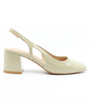 Beige women's patent slingback pump with pointed toe, block heel and cushioned footbed.