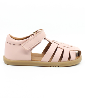 Ballet Pink girls' leather sandal with closed heel, woven straps and hook-and-loop fastening.