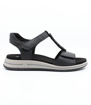 Black women's leather comfort sandal with adjustable straps, padded insoles and flexible rubber sole.