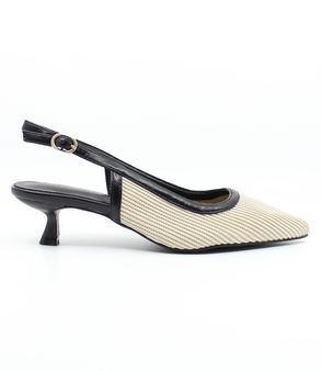 Cream Black women's flyknit slingback with pointed toe and low flared heel.