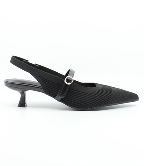 Black women's flyknit slingback with pointed toe, slim strap and low flared heel.