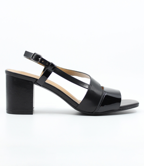 Black women's block-heel sandal with patent front strap and adjustable ankle buckle.