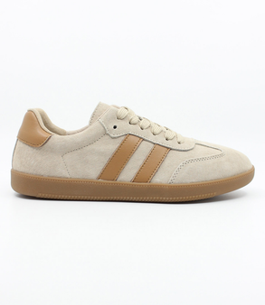 Beige Tan women's leather lace-up sneaker with twin side stripes and flexible sole.