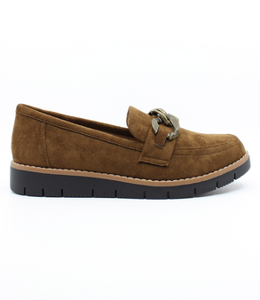 Chocolate women's suede loafer with metal buckle trim and treaded sole.