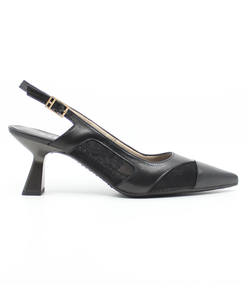 Side view showing the NOVA black slingback with sculpted heel, pointed toe and mesh detailing.