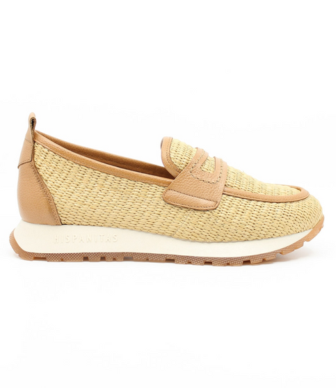 Side view showing the KANSAS tan woven loafer with raffia upper, almond toe and flexible sole.
