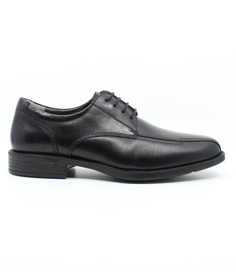 Side view of the MONASH black lace‑up showing rail‑front design and polished finish.