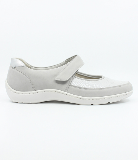 Side view of the HENNI 33 showing the silver leather-stretch upper, rounded toe and low-profile sole.