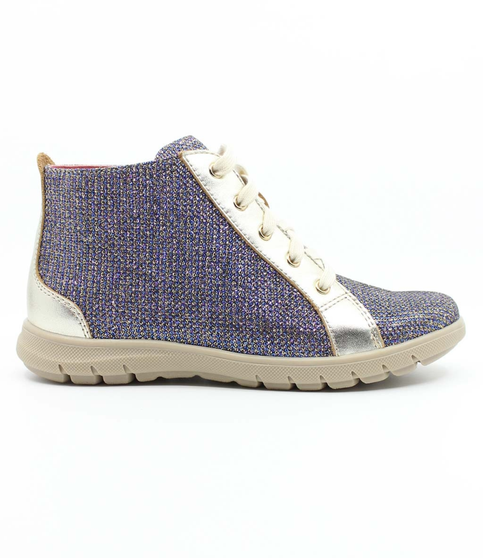 Soft gold and patterned fabric girls ankle boot with fixed laces and side zip