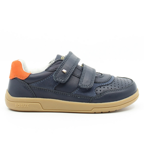 Hunter showing the navy leather upper, orange detailing and double hook‑and‑loop straps.