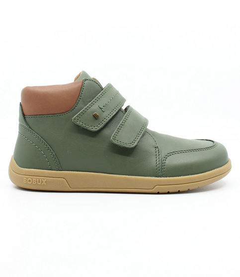 Timber II DV showing the green leather upper, padded collar and strap fastenings.