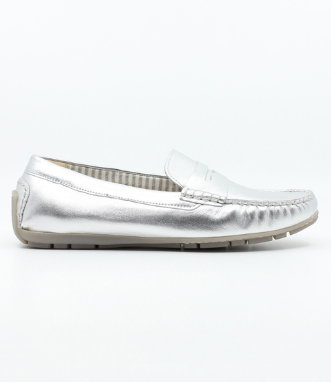 Metallic-sheen moccasin slip-on with penny trim and raised heel, silver finish.