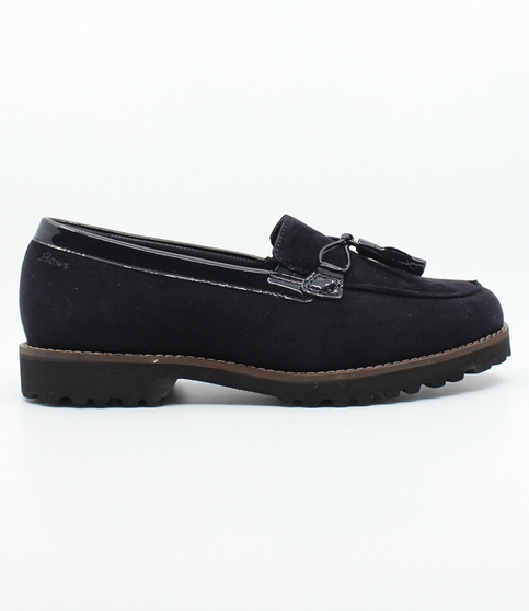 Suede slip-on with tassel trim and patent accents, navy finish.