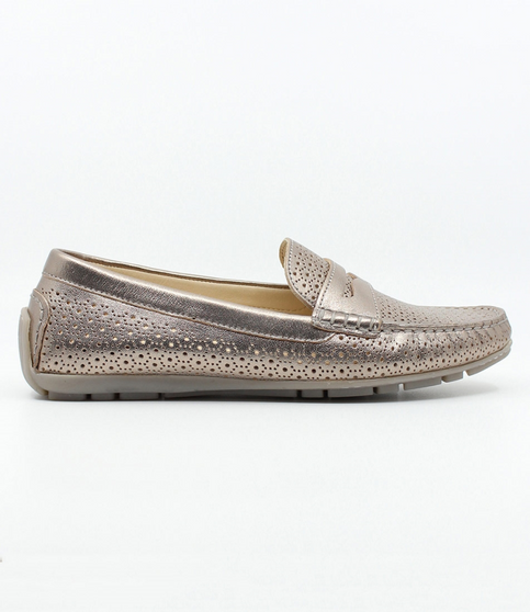Perforated leather loafer with cushioned insole and raised rubber heel, bronze finish.