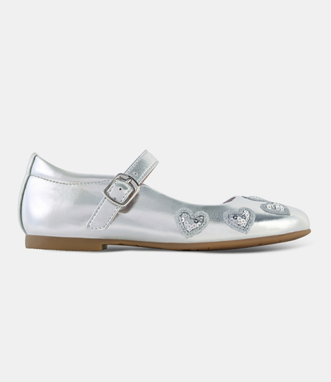Silver girls Mary Jane with sequin hearts and buckle strap