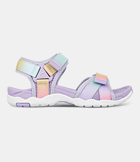 Lilac rainbow kids surf sandal with dual self-fastening straps and open back