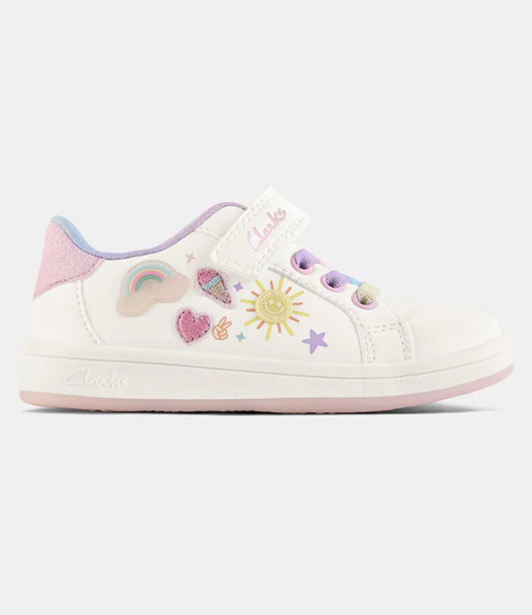 White multi kids sneaker with colourful icons, elastic laces and self‑fastening strap