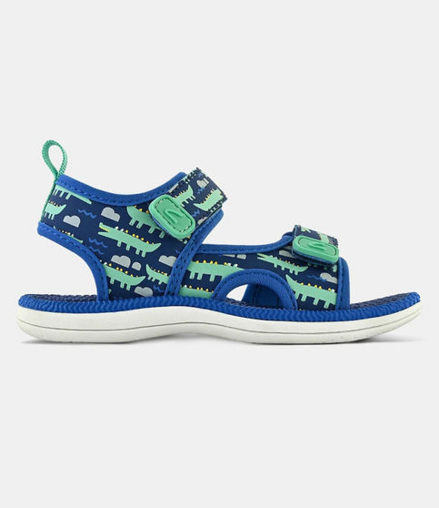 Blue croc kids sport sandal with dual self-fastening straps and flexible sole