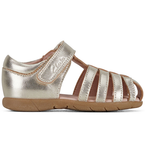 Gold toddler cage-toe sandal with closed heel and single self-fastening strap