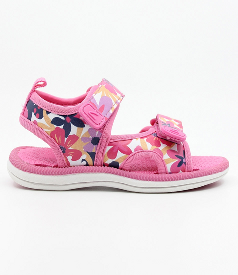 Pink floral kids surf sandal with synthetic upper and dual self-fastening straps