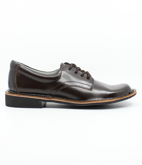 Brown leather girls lace‑up school shoe with smooth upper and stitched sole.