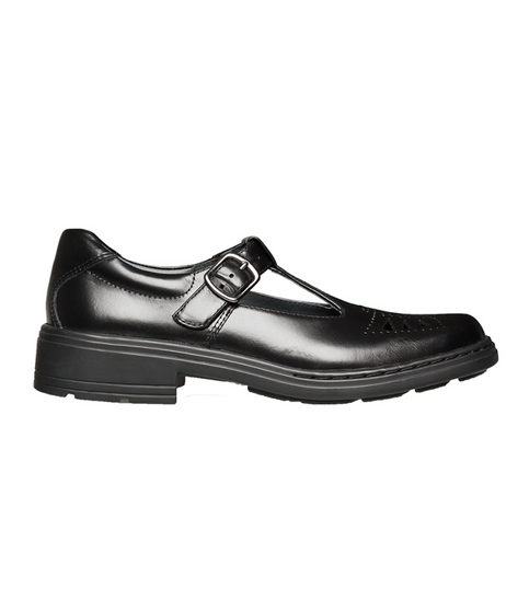 Black leather girls T‑bar school shoe with perforated vamp and buckle strap.