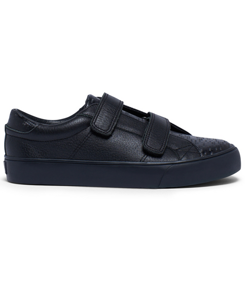 Black junior boys school double strap leather sneaker with flat cupsole and smooth upper