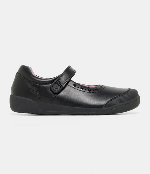 Black junior girls school Mary Jane leather shoe with low heel and smooth upper