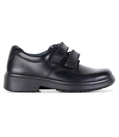 Black junior boys school double strap leather shoe with low heel and smooth upper