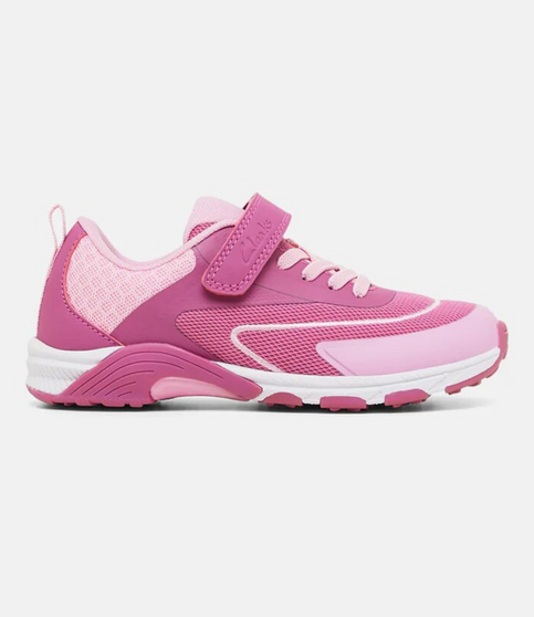 Magenta junior school sports shoe with low profile and athletic silhouette