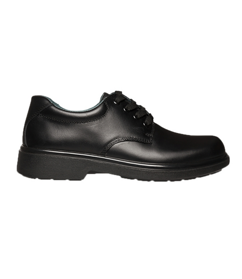 Black senior boys school lace up leather shoe with low heel and smooth upper