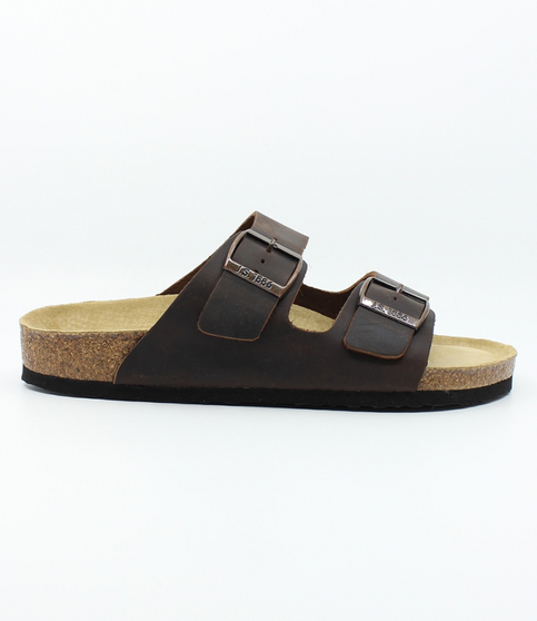 Mens brown leather two strap sandal with adjustable buckles, contoured footbed and cork midsole.