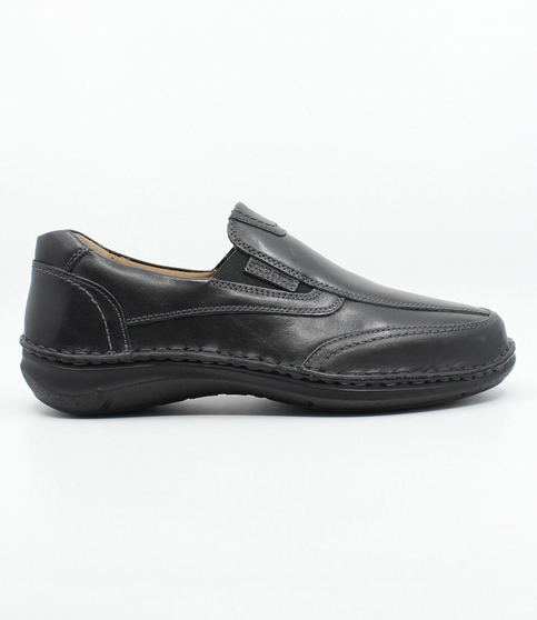Mens black leather slip on shoe with stitched detailing, elastic gussets and flexible comfort sole.