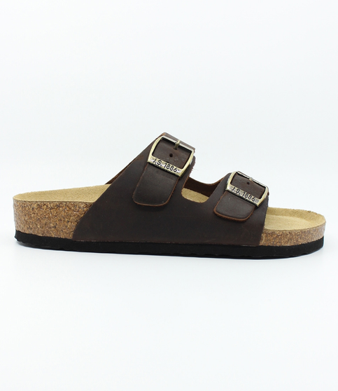 Brown womens nubuck slide sandal with adjustable buckle straps and contoured cork footbed.