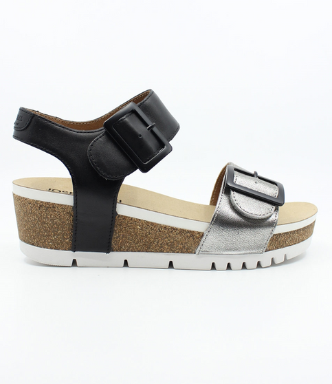Basalt womens leather wedge sandal with adjustable Velcro straps, cork textured midsole and cushioned footbed.