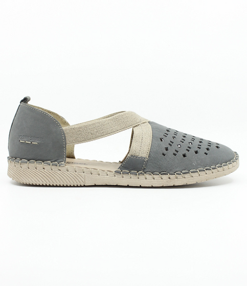 Jeans womens leather flat with laser cut perforations, open side panels and semi curved instep strap.
