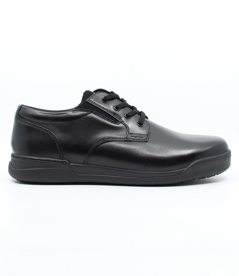 Black mens leather lace up work shoe with slip resistant sole, cushioned footbed and padded mesh lining.
