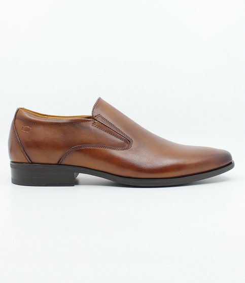Tan mens leather slip on dress shoe with elastic gussets, padded sock and non slip heel.