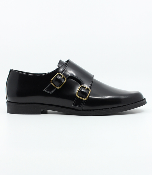 Black boys leather double monk strap dress shoe with gold buckles and cushioned sole.
