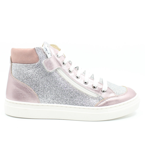 Rame girls leather high top sneaker with metallic finish, side zip and cushioned sole.