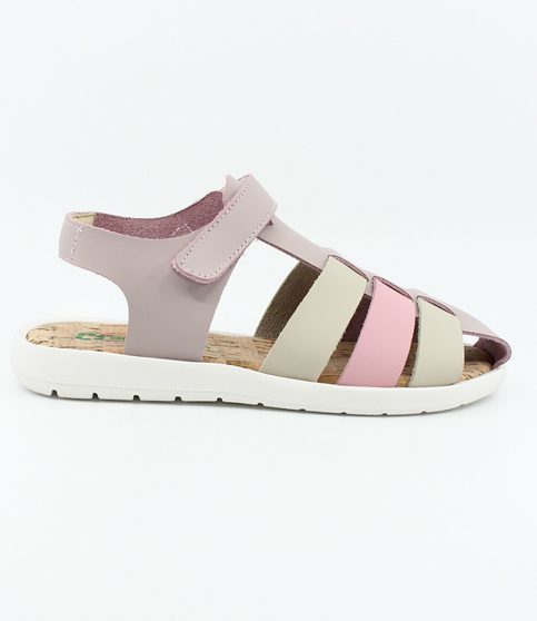 Pink Multi leather sandal with hook‑and‑loop ankle strap and cork‑textured sole.