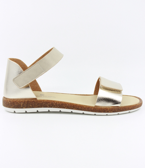Gold girls leather sandal with hook‑and‑loop straps and cork‑textured sole.