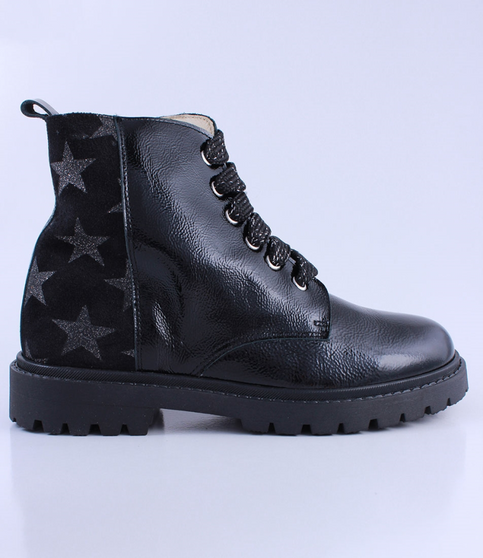 Black girls patent leather ankle boot with lace‑up front, side zip and tread sole.