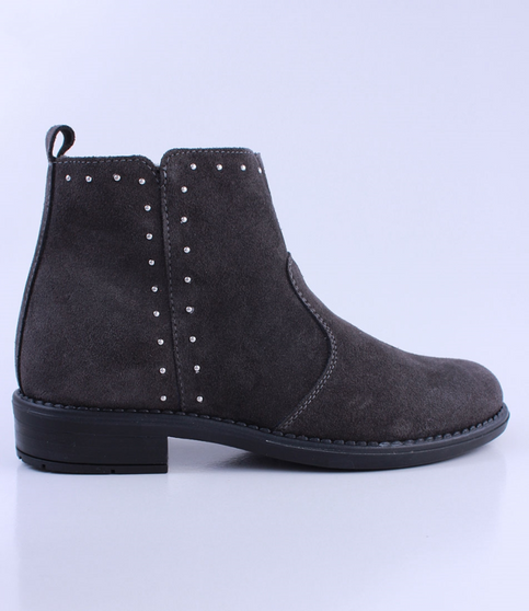 Charcoal girls suede ankle boot with stud detail, side zip and low heel.