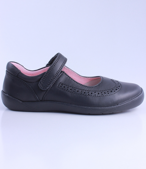 Black girls leather Mary Jane school shoe with brogue detail, pink lining and hook‑and‑loop strap.