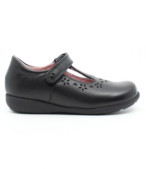 Black girls leather T‑bar school shoe with floral cut‑outs and hook‑and‑loop strap.