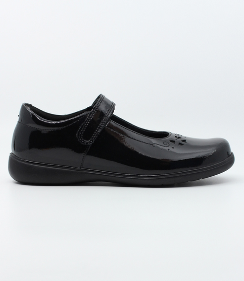 Black patent girls leather Mary Jane school shoe with star detail and hook‑and‑loop strap.