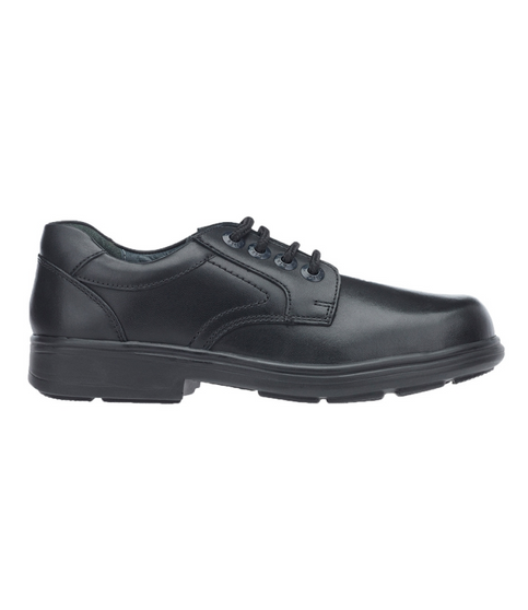 Black boys leather lace‑up school shoe with metal eyelets, removable insoles and padded collar.